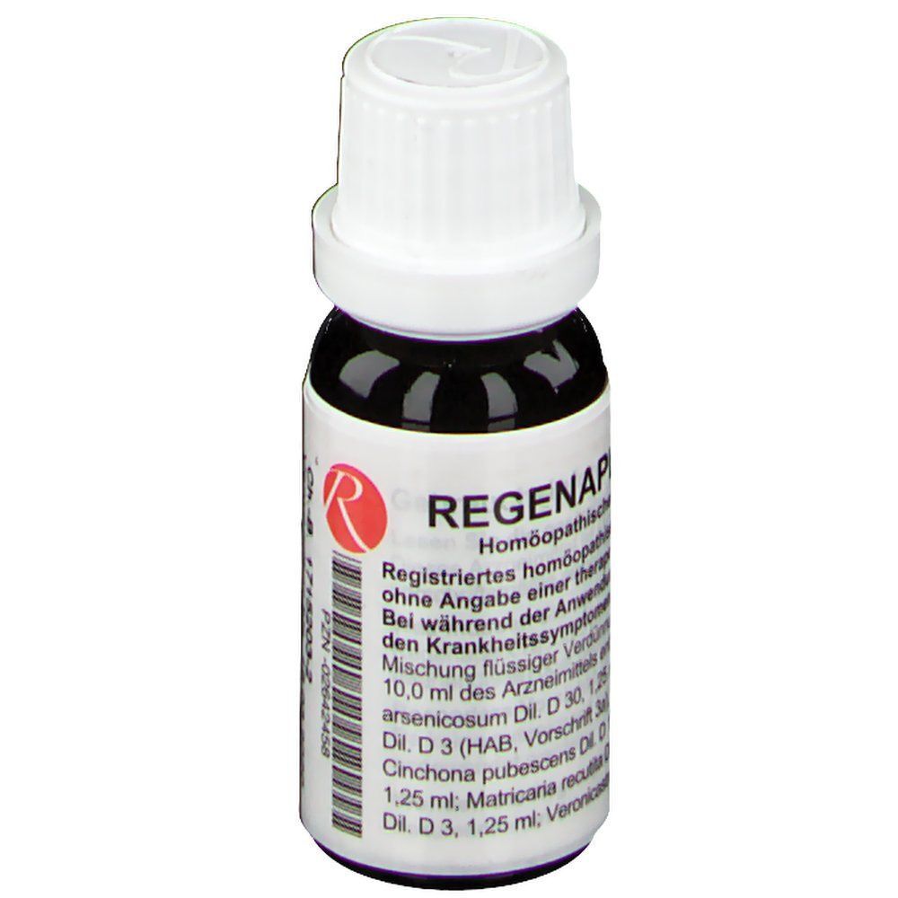 Tropfflasche Regenaplex Nr. 35b, dunkelbraunes Glas, weiße Schraubkappe, Etikett mit Logo und Text.