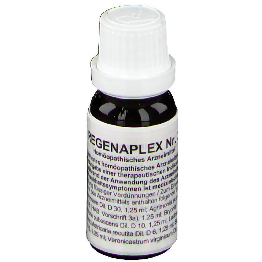 Tropfflasche Regenaplex Nr. 35b, dunkelbraunes Glas, weiße Schraubkappe, Etikett mit Text.