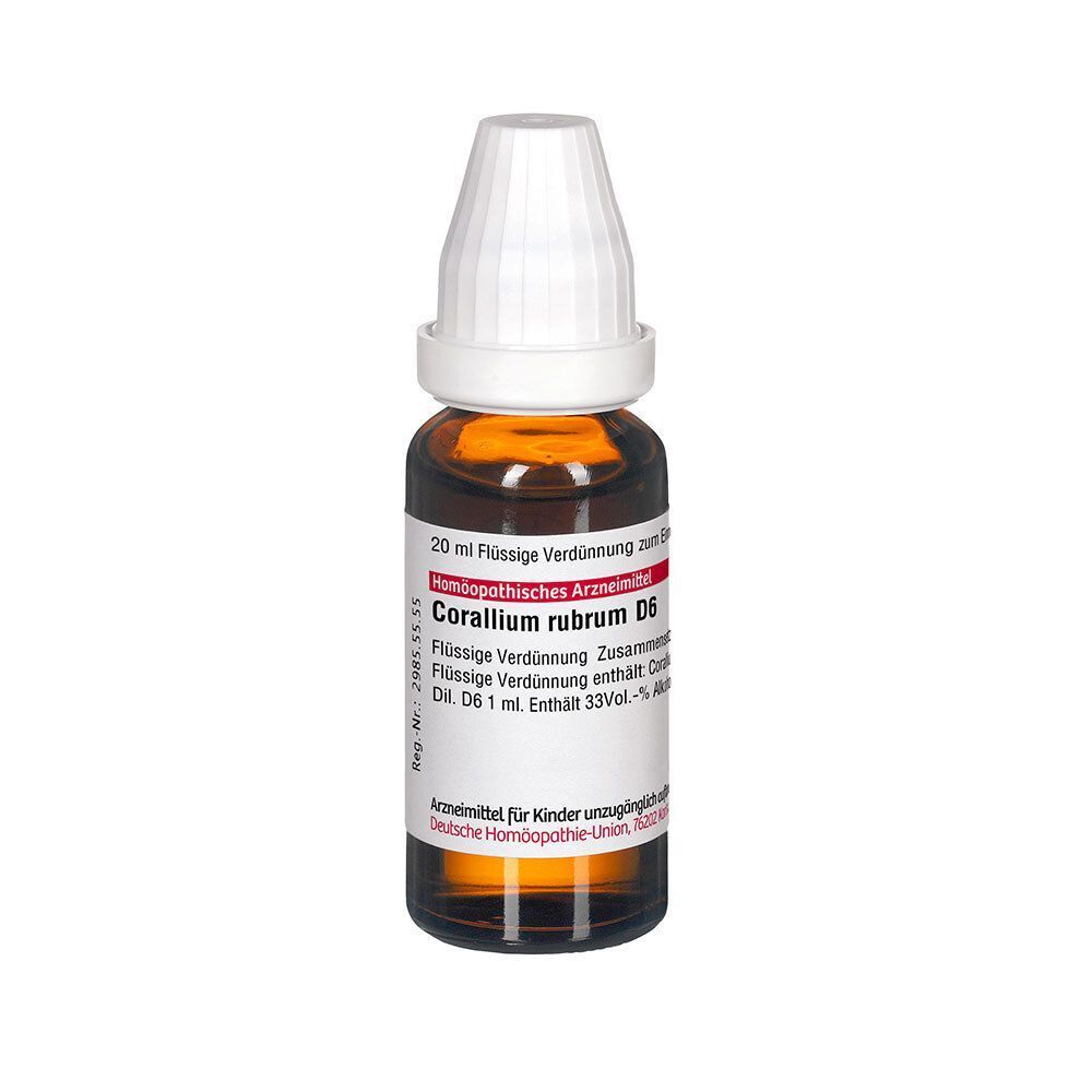 Eine Flasche DHU Corallium Rubrum D6 mit Beipackzettel und Kartonverpackung.