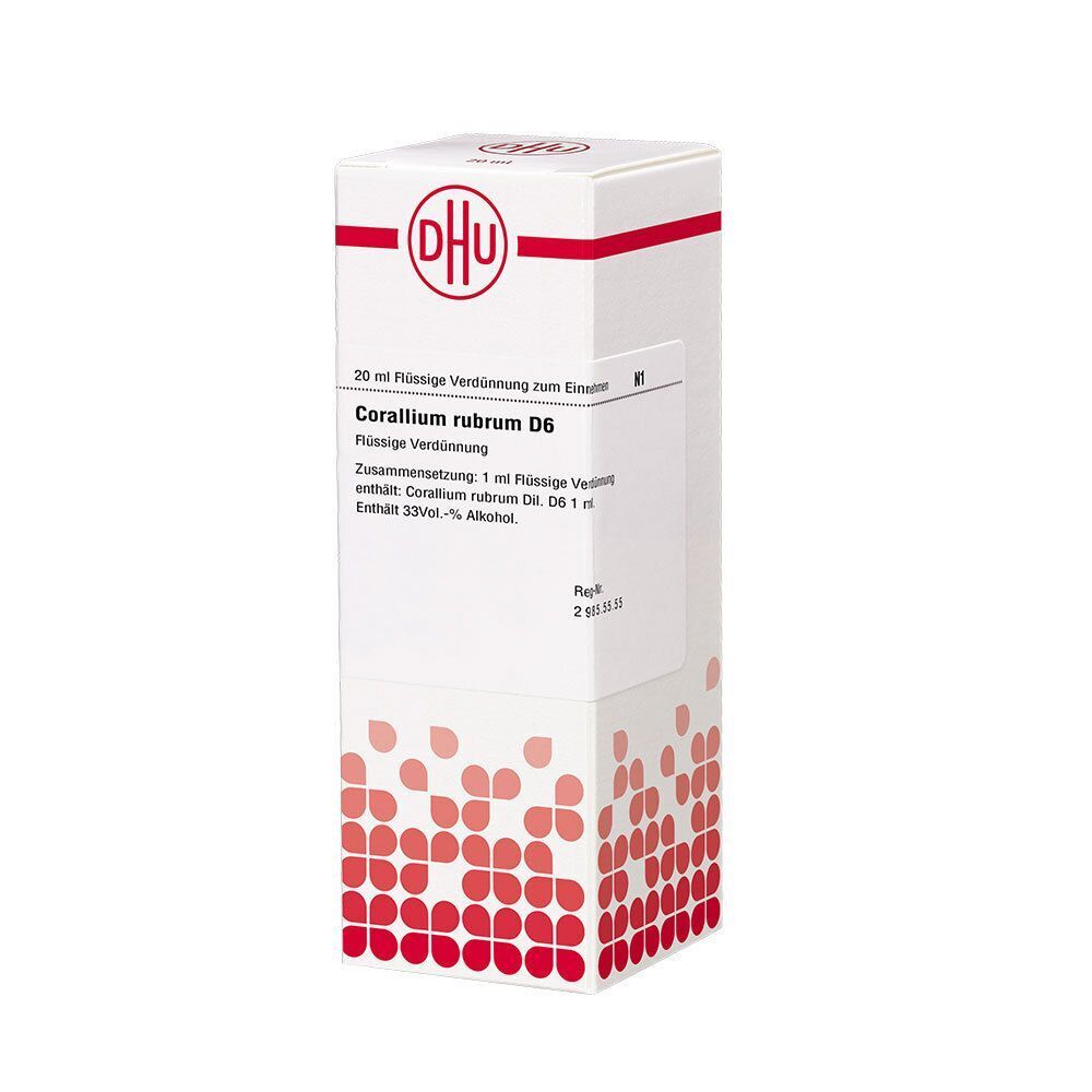 Eine Kartonverpackung für DHU Corallium Rubrum D6 mit einer Flasche.