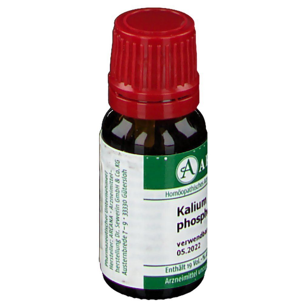 Seite eines Fläschchens ARCANA Kalium phosphoricum LM XII mit rotem Tropferverschluss.