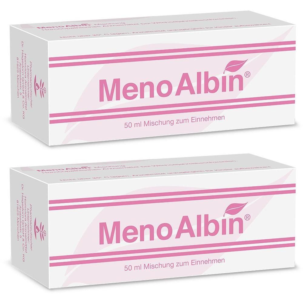 Zwei Packungen MenoAlbin® mit je 50 ml Mischung zum Einnehmen.