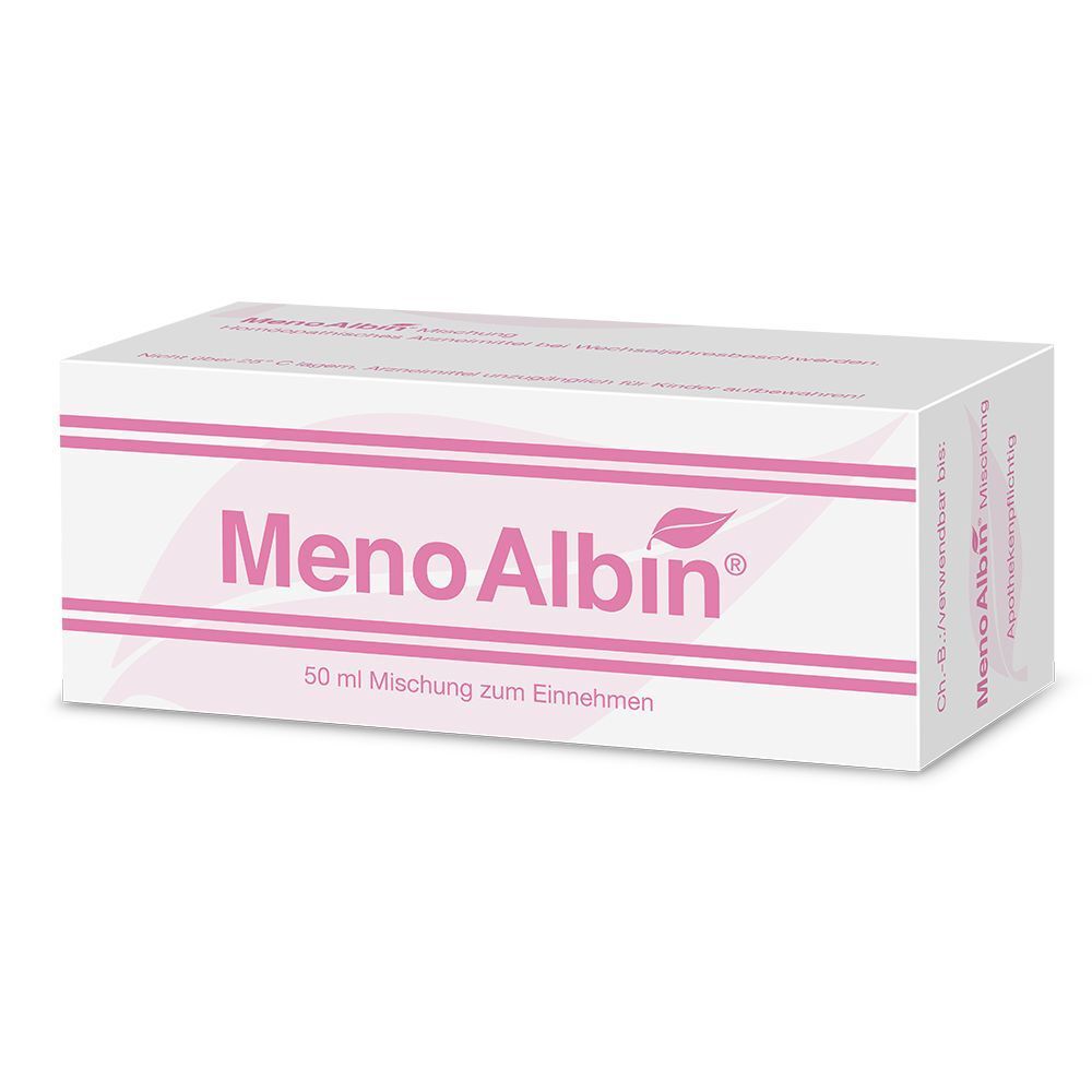 Eine Packung MenoAlbin® mit 50 ml Mischung zum Einnehmen.