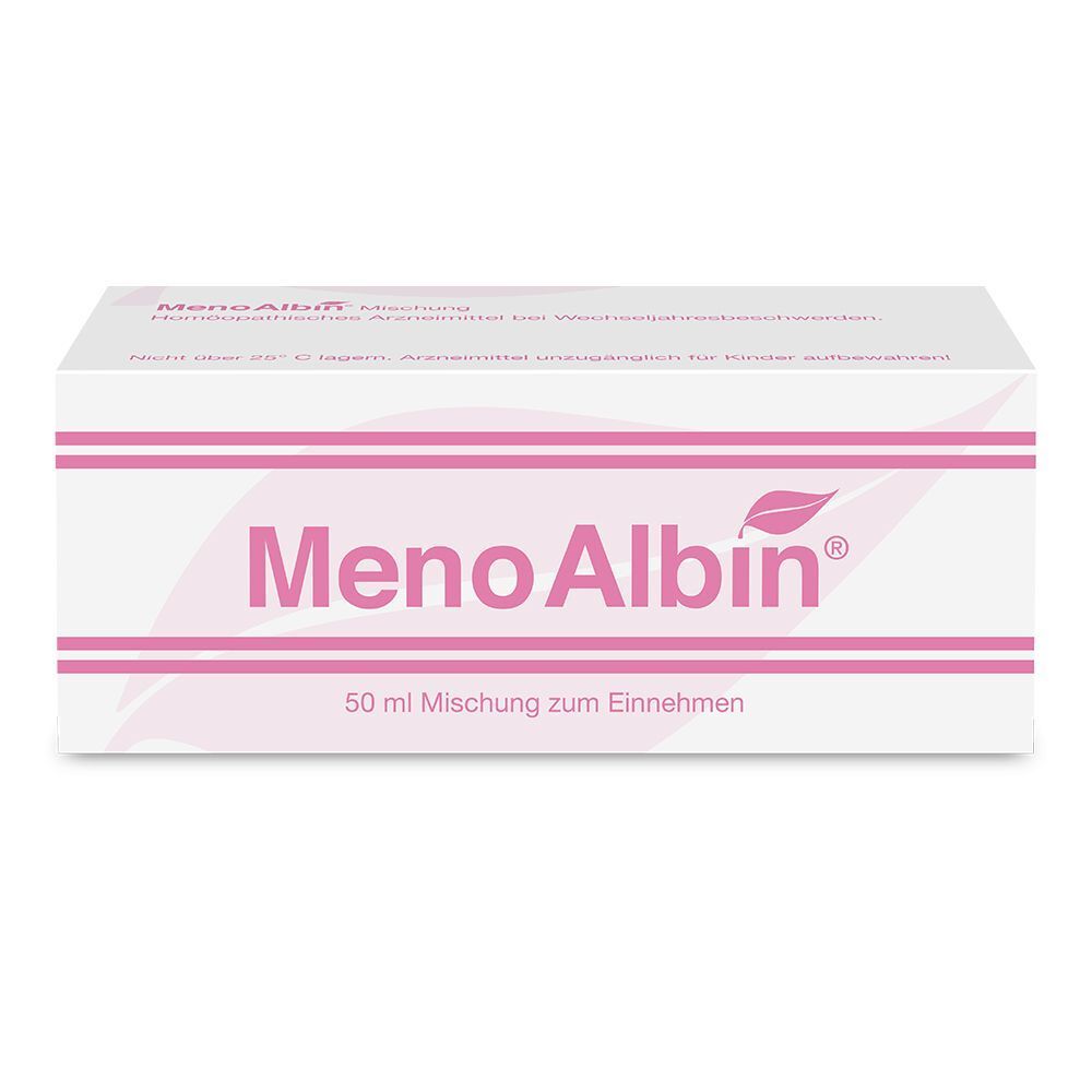 Eine Packung MenoAlbin® mit 50 ml Mischung zum Einnehmen.