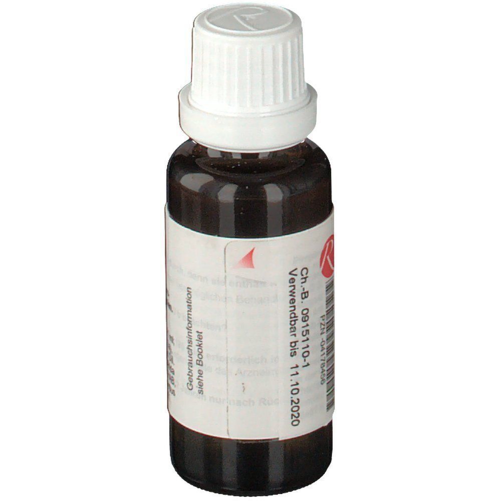 Braune Glasflasche mit weißem Schraubverschluss, Etikett mit Gebrauchsinformation und Verfallsdatum.