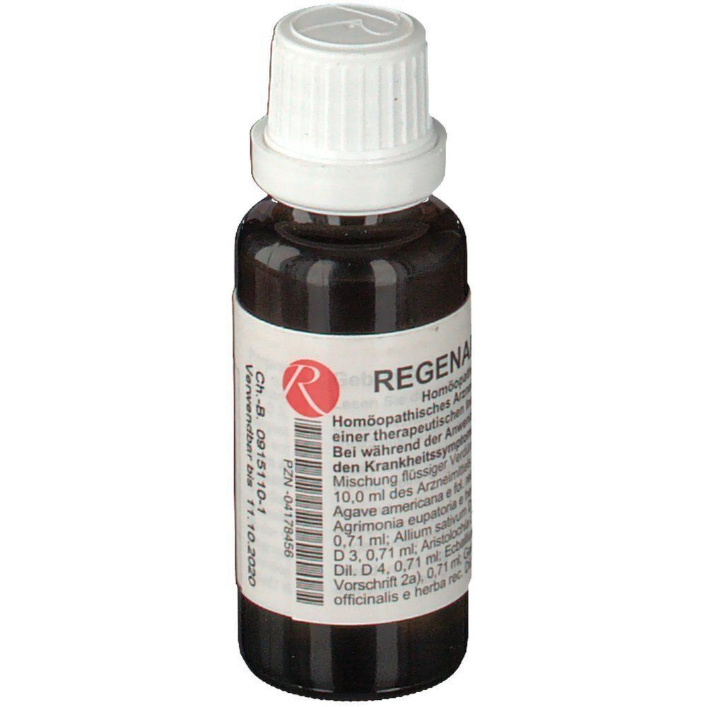 Braune Glasflasche mit weißem Schraubverschluss, Etikett mit Produktname, Inhaltsstoffen und Verfallsdatum.