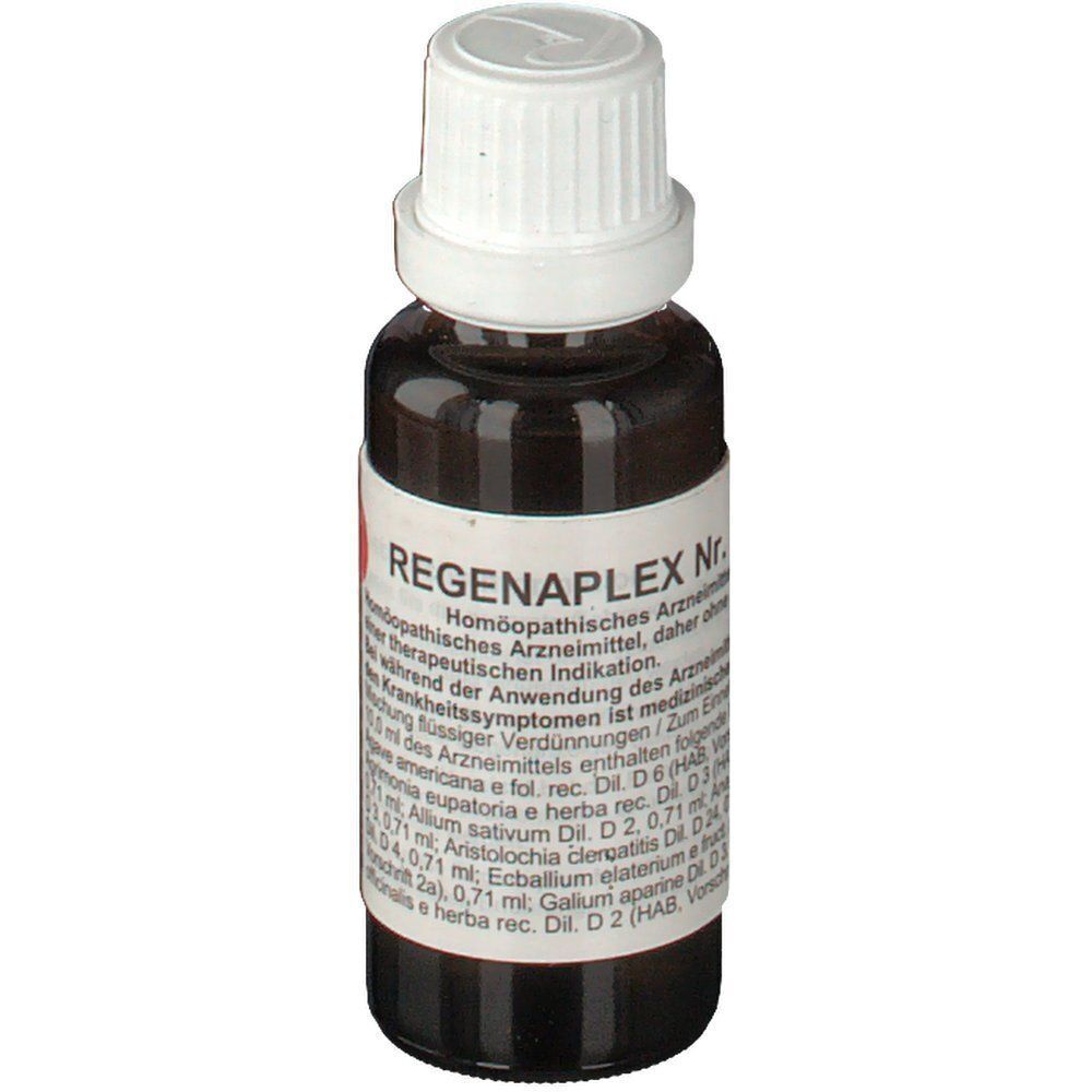 Braune Glasflasche mit weißem Schraubverschluss, Etikett mit Produktname und Inhaltsstoffen.