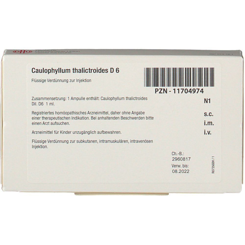 Packung DHU Caulophyllum thalictroides D6. Enthält 1 Ampulle. Aufschrift: Flüssige Verdünnung zur Injektion. PZN-11704974.