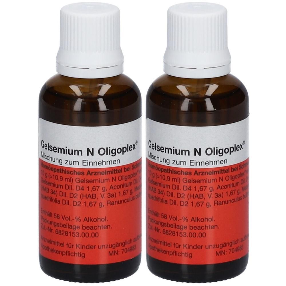 Zwei braune Glasflaschen mit weißen Deckeln und roten Etiketten. Auf den Etiketten steht "Gelsemium N Oligoplex".