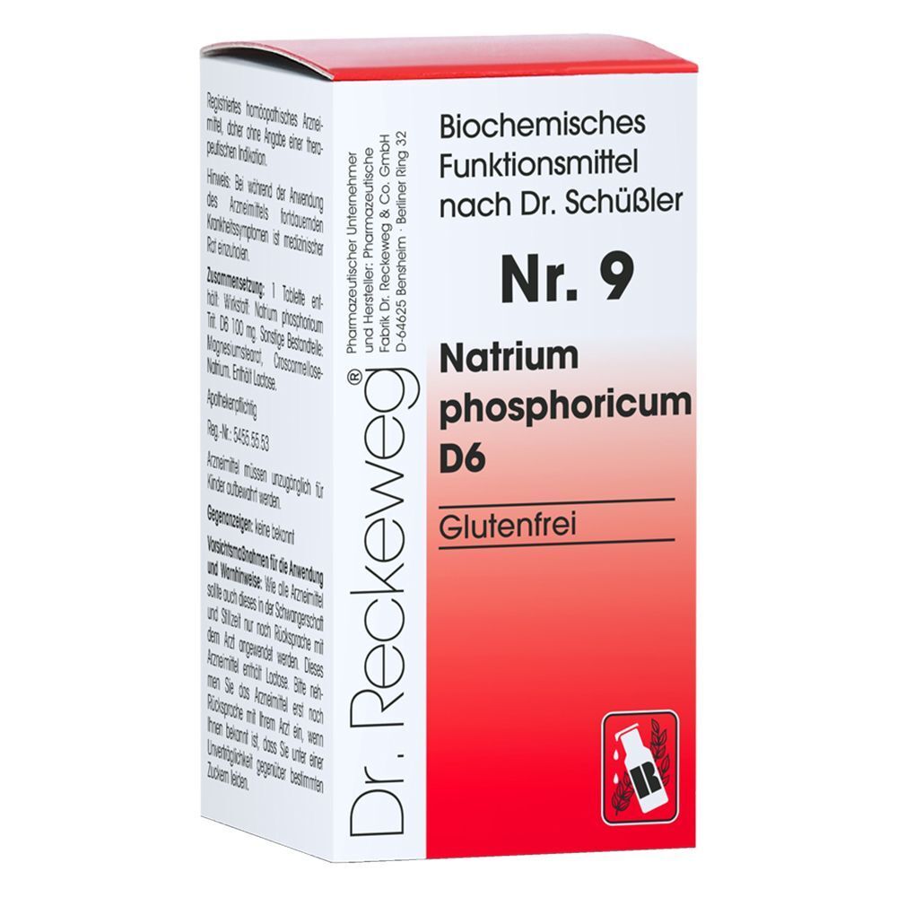 Weiße Schachtel mit rotem Streifen. Aufschrift: Nr. 9 Natrium phosphoricum D6. Glutenfrei. Logo Dr. Reckeweg. Produktinformationen.
