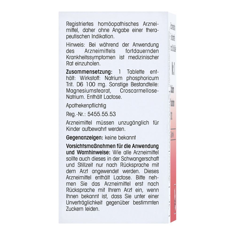 Rückseite der Schachtel. Text: Zusammensetzung, Dosierung, Vorsichtsmaßnahmen. Apothekenpflichtig. Reg.-Nr. 5455.55.53. Enthält Lactose.