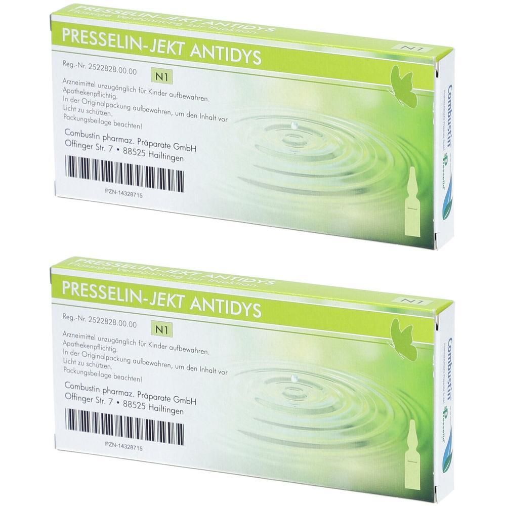 Zwei Schachteln PRESSELIN-JEKT ANTIDYS. Grün-weißes Design mit Produktnamen und Herstellerinformationen. Ampullen-Abbildung.