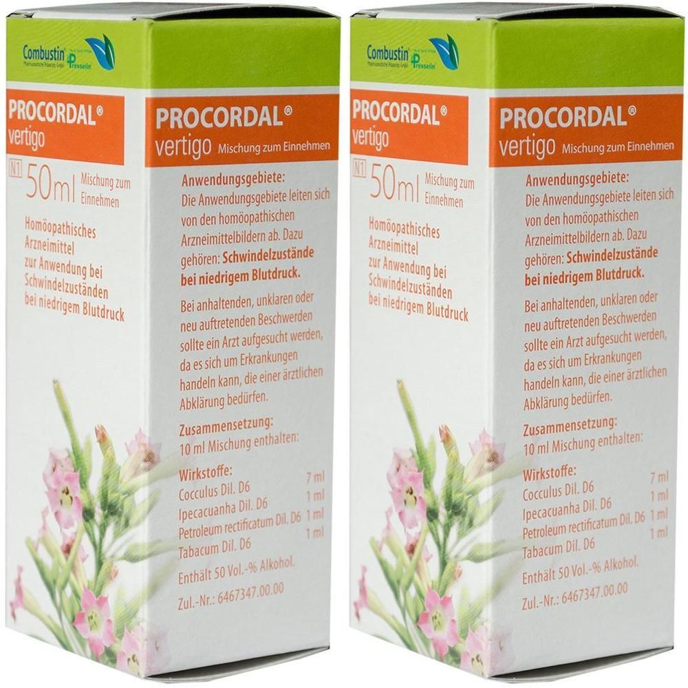 Zwei Schachteln PROCORDAL® vertigo. Weiß, orange und grün. Text: 50ml, Homöopathisches Arzneimittel. Anwendung bei Schwindelzuständen bei niedrigem Blutdruck.