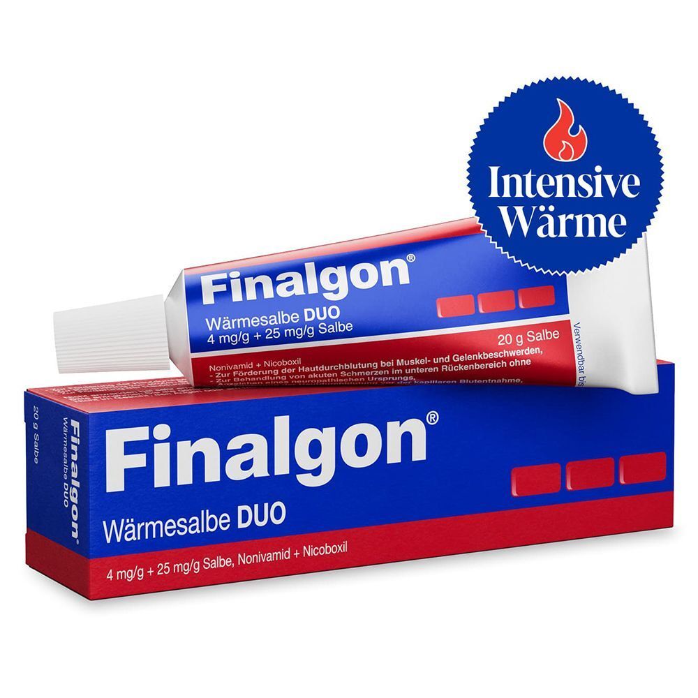 Finalgon Wärmesalbe DUO Tube und Schachtel mit Siegel 'Intensive Wärme'.