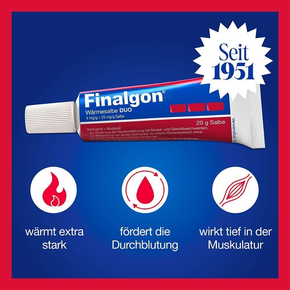 Finalgon Wärmesalbe DUO Tube mit Siegel 'Seit 1951' und drei Anwendungssymbolen.