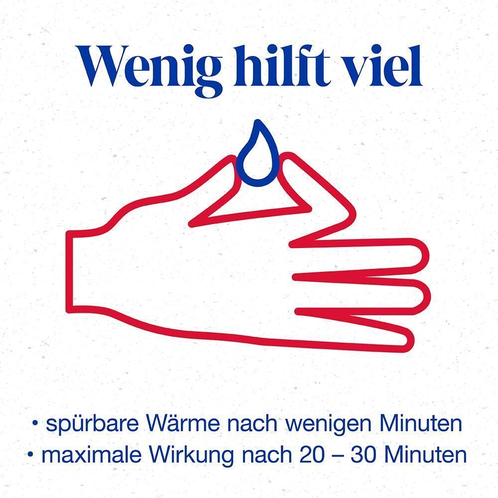 Handform hält Tropfen Finalgon Salbe. Text: Wenig hilft viel, spürbare Wärme, maximale Wirkung.