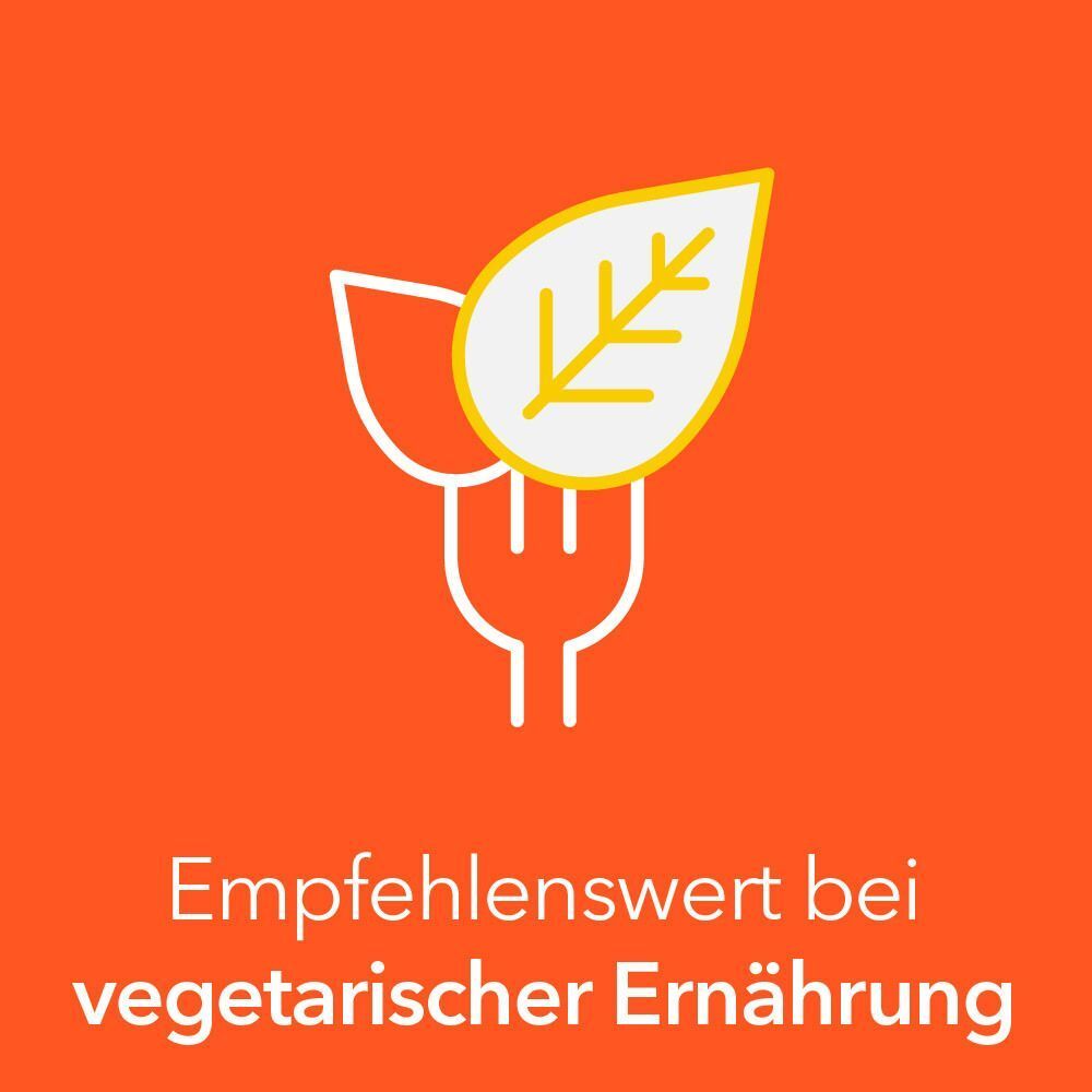 Symbol einer Gabel mit Blatt. Text: Empfehlenswert bei vegetarischer Ernährung.