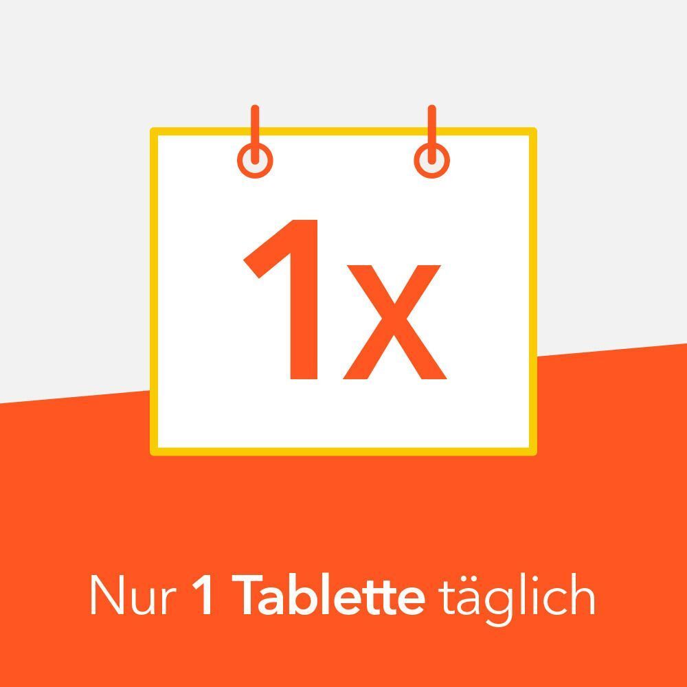 Kalendersymbol mit "1x". Text: Nur 1 Tablette täglich.