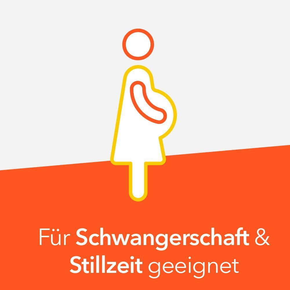 Symbol einer schwangeren Frau. Text: Für Schwangerschaft & Stillzeit geeignet.