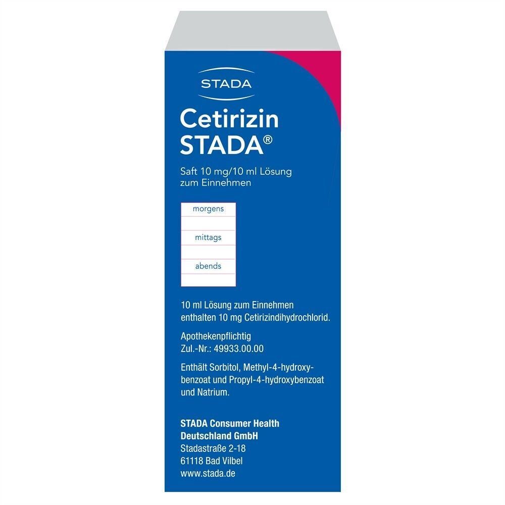 Packung Cetirizin STADA Saft 10mg/10ml Lösung zum Einnehmen. Enthält Cetirizinhydrochlorid.