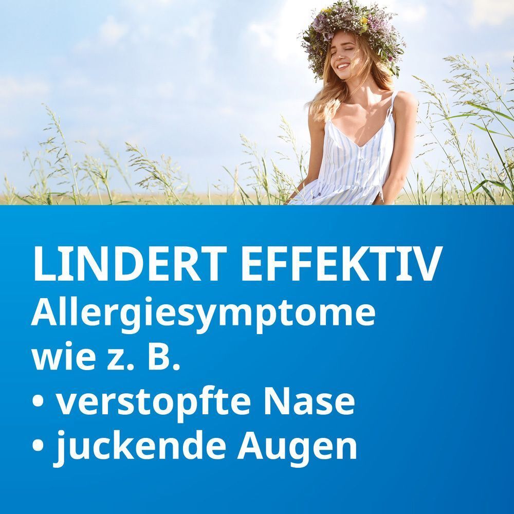 Frau im Feld mit Blumenkranz. Text: Lindert effektiv Allergiesymptome wie verstopfte Nase, juckende Augen.