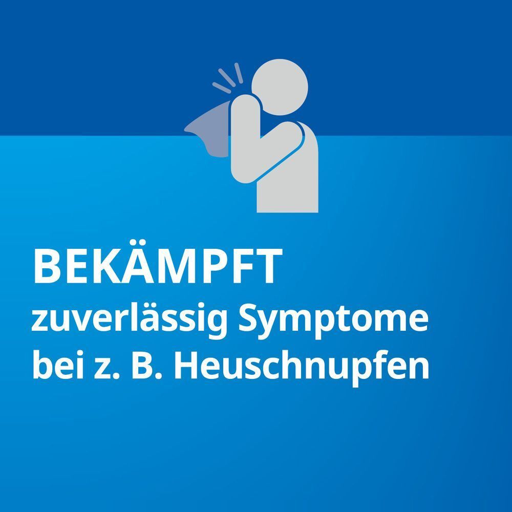 Symbol einer niesenden Person. Text: Bekämpft zuverlässig Symptome bei Heuschnupfen.