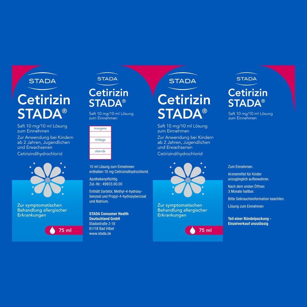 Vier Packungen Cetirizin STADA Saft 10mg/10ml Lösung zum Einnehmen. Für Kinder ab 2 Jahren.