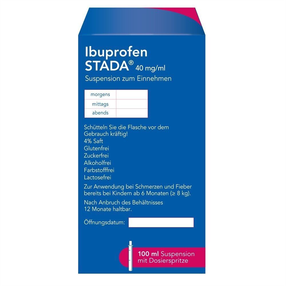 Rückseite einer Packung Ibuprofen STADA® 40 mg/ml Suspension. Gluten-, zucker-, alkoholfrei.