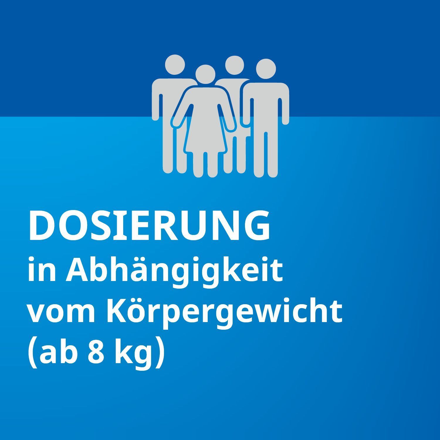 Symbol von fünf Personen über Text: Dosierung in Abhängigkeit vom Körpergewicht (ab 8 kg).
