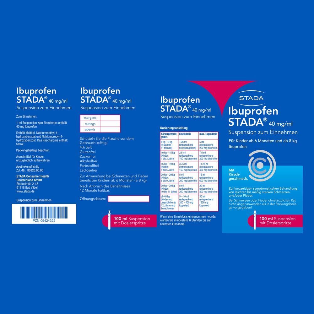 Seitenansicht zweier Packungen Ibuprofen STADA® 40 mg/ml Suspension. Enthält Dosierspritze.