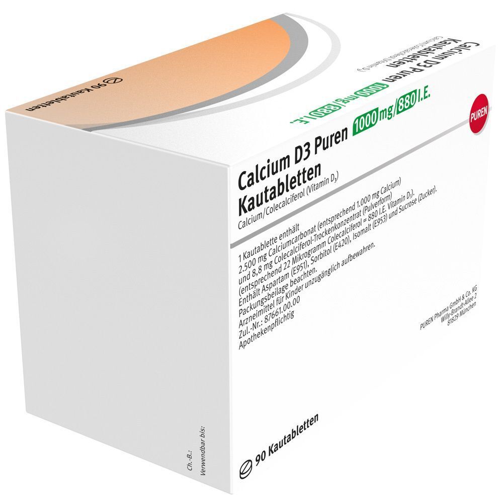 Packung Calcium D3 Puren Kautabletten, 1000 mg / 880 I.E., 90 Kautabletten. Seitenansicht mit detaillierter Inhaltsangabe.