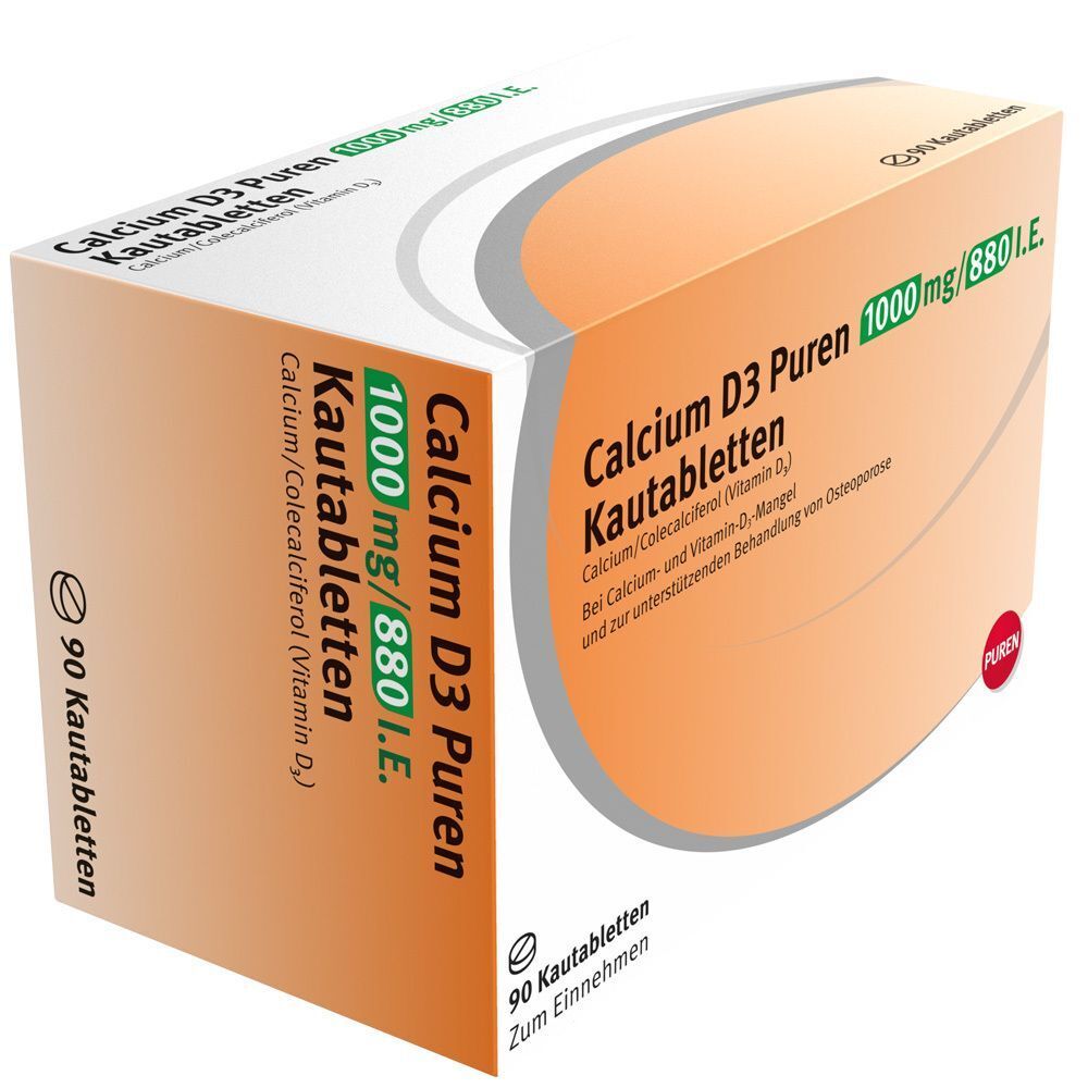 Packung Calcium D3 Puren Kautabletten, 1000 mg / 880 I.E., 90 Kautabletten. Vorder- und Seitenansicht.
