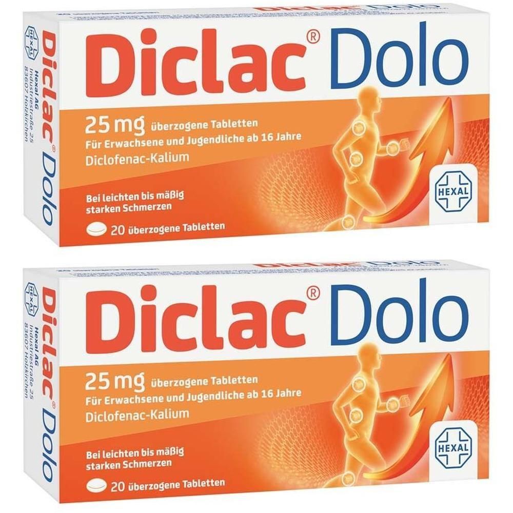 Zwei Packungen Diclac Dolo 25 mg überzogene Tabletten. Orangefarbene Verpackung mit schematischer Darstellung eines schmerzenden Körpers.