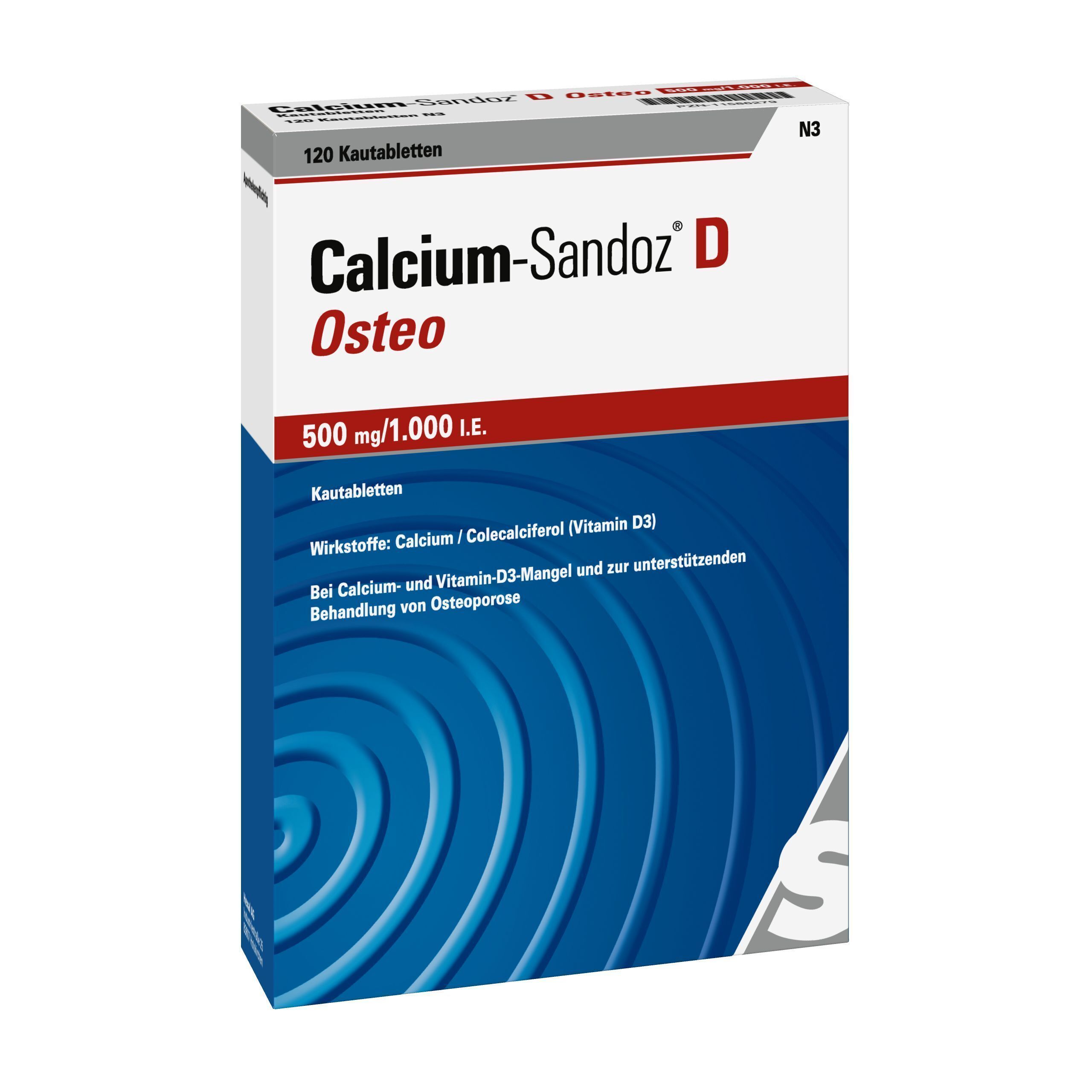 Eine Packung Calcium-Sandoz D Osteo 500 mg/1.000 I.E. Kautabletten.