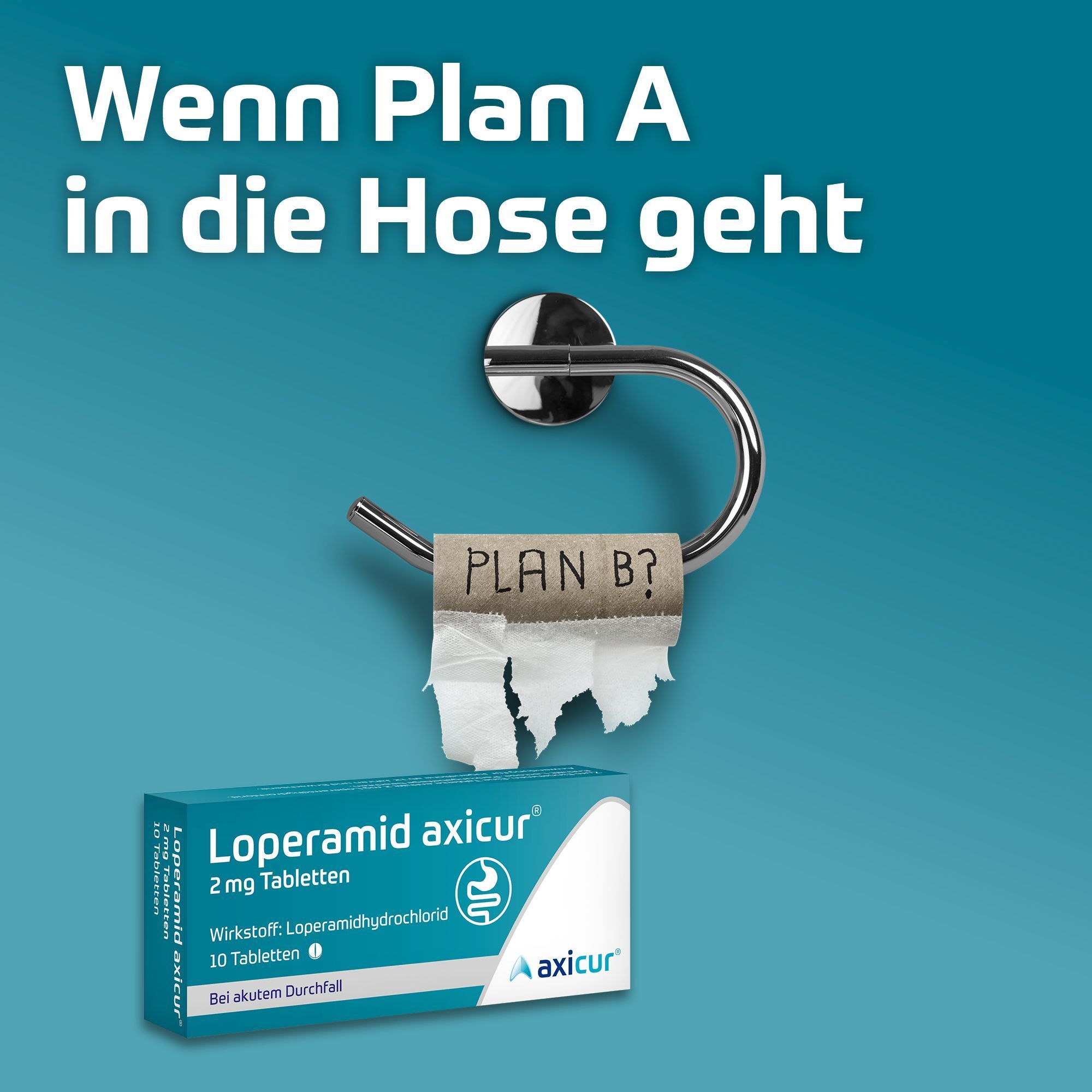 Packung Loperamid axicur® 2 mg Tabletten neben einer leeren Toilettenpapierrolle mit der Aufschrift "PLAN B?".