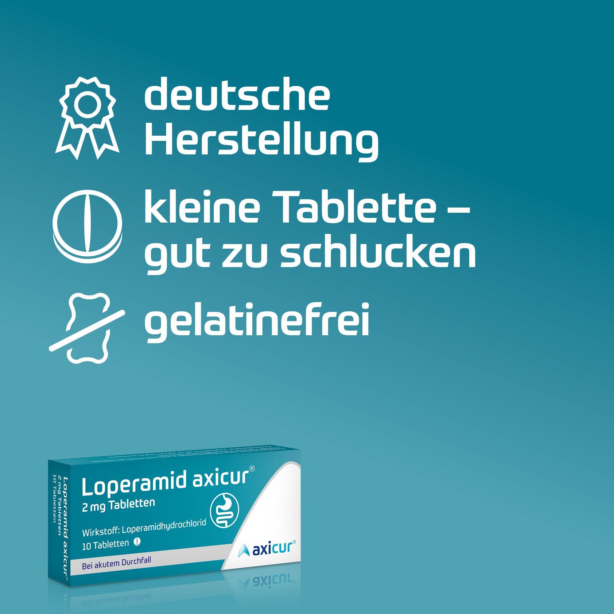 Packung Loperamid axicur® 2 mg Tabletten mit Symbolen für deutsche Herstellung, kleine Tablette und Gelatinefreiheit.