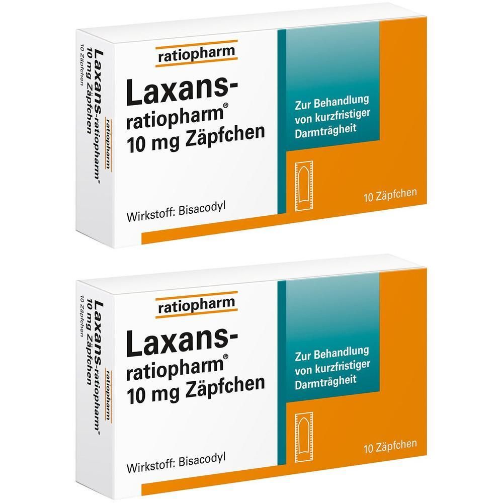 Zwei Packungen Laxans-ratiopharm® 10 mg Zäpfchen mit je 10 Stück. Wirkstoff: Bisacodyl.