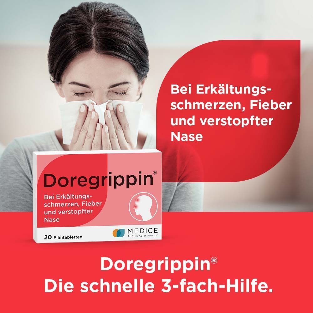 Frau mit Taschentuch, daneben Packung Doregrippin Tabletten gegen Erkältungssymptome.