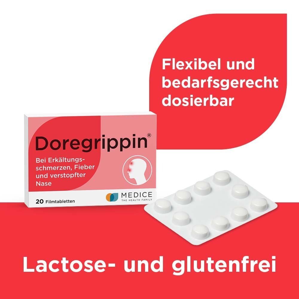 Packung Doregrippin Tabletten und eine Blisterpackung mit 20 Filmtabletten.