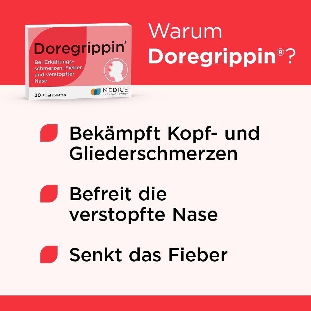 Doregrippin Tabletten bekämpfen Kopf- und Gliederschmerzen, befreien die Nase und senken Fieber.