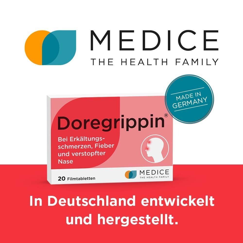 Doregrippin Tabletten: In Deutschland entwickelt und hergestellt, mit Medice Logo.