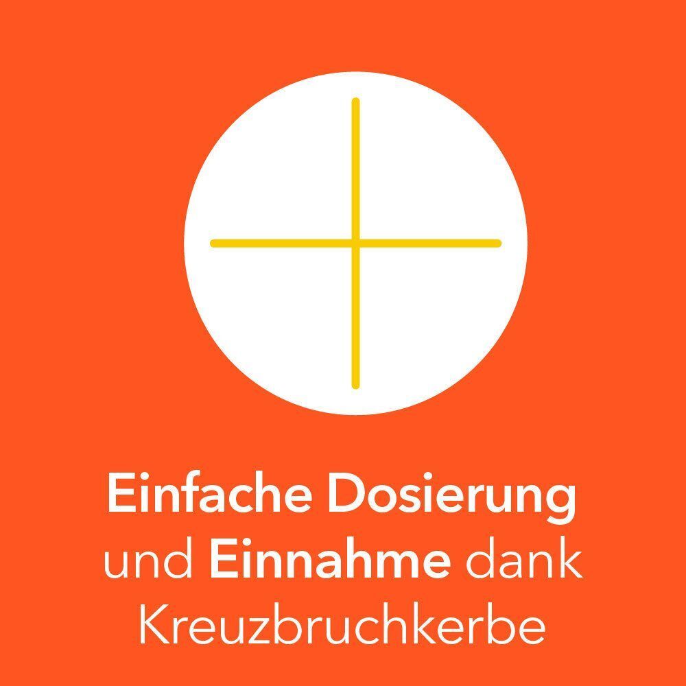 Kreuzsymbol in einem Kreis. Text: Einfache Dosierung und Einnahme dank Kreuzbruchkerbe.
