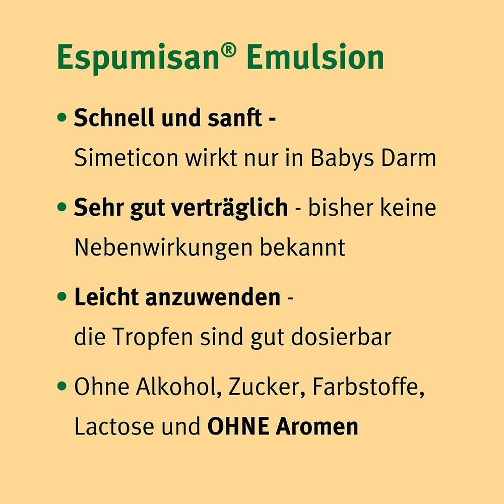 Espumisan Emulsion: Schnell, sanft, gut verträglich, leicht anzuwenden, ohne Alkohol, Zucker, Farbstoffe, Laktose, Aromen.