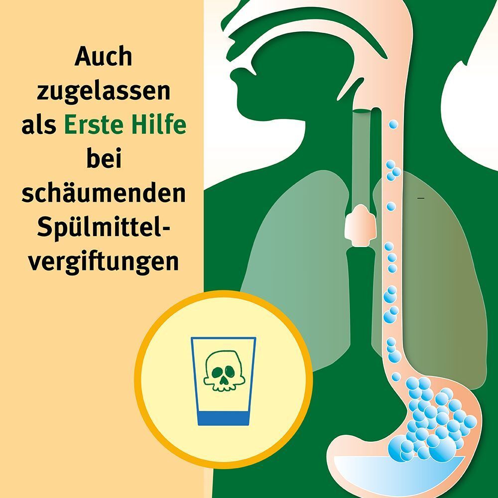 Espumisan Emulsion als Erste Hilfe bei schäumenden Spülmittelvergiftungen.