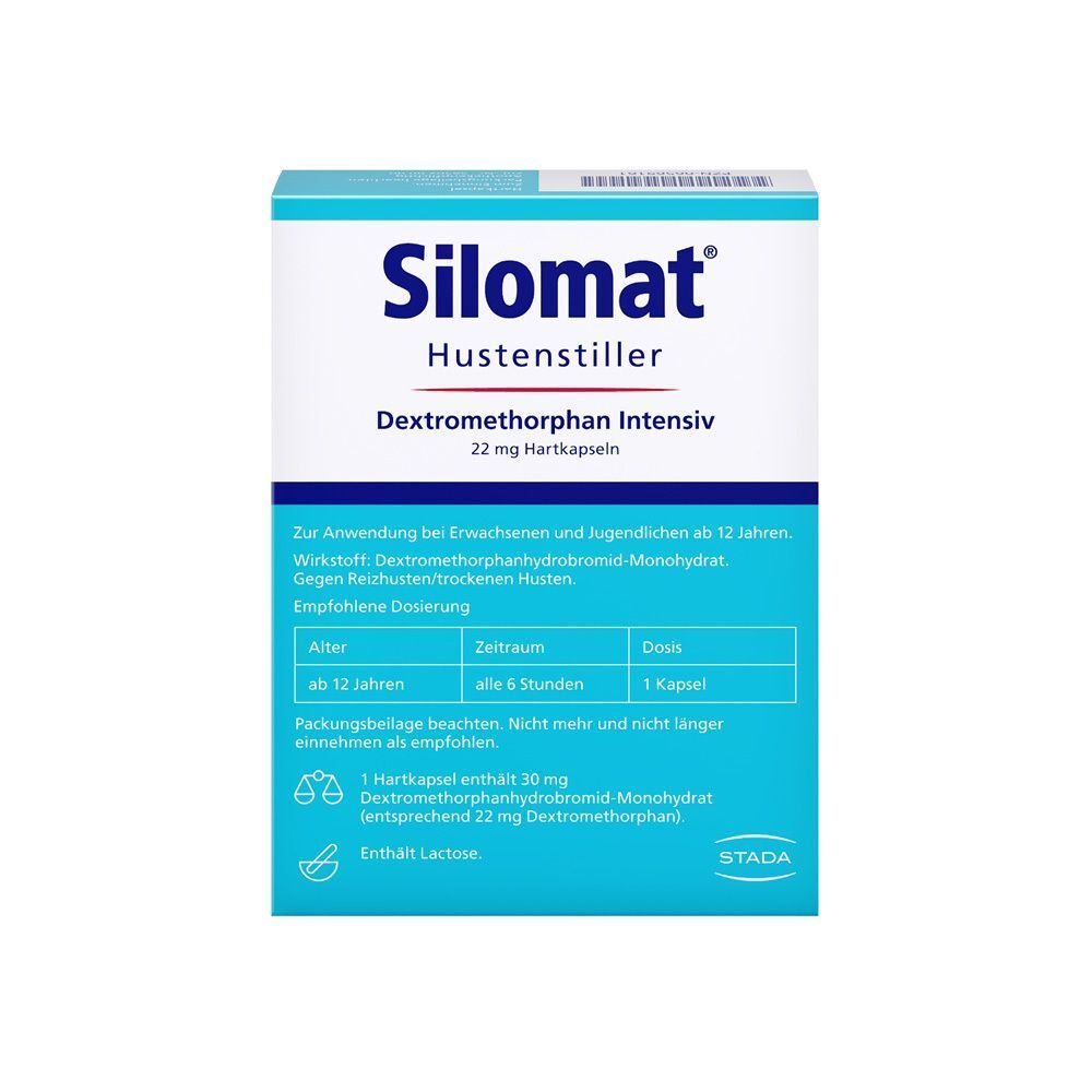 Packung Silomat Hustenstiller Dextromethorphan Intensiv Hartkapseln mit Dosierungsanleitung.