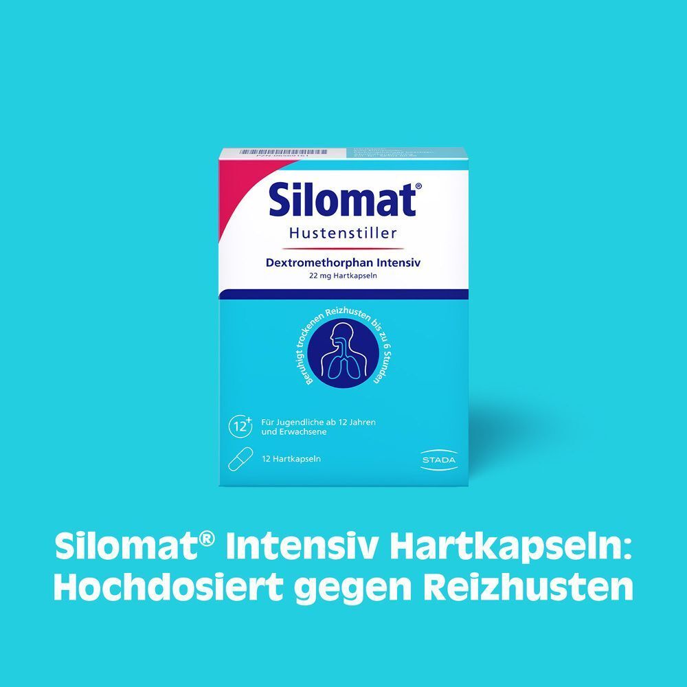 Packung Silomat Hustenstiller Dextromethorphan Intensiv Hartkapseln auf blauem Hintergrund.