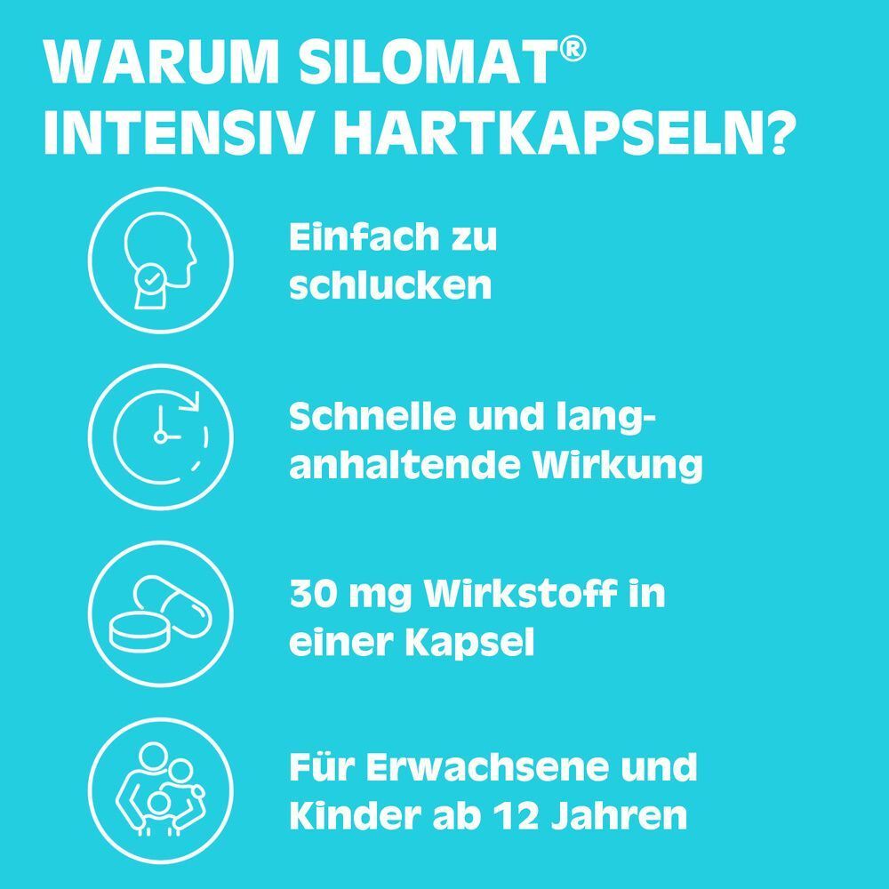 Grafik mit Vorteilen von Silomat Hustenstiller Intensiv Hartkapseln: leicht schluckbar, schnelle Wirkung.