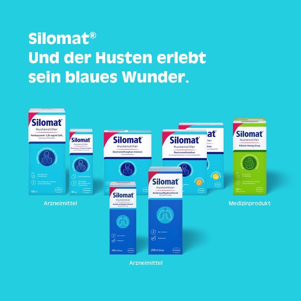 Verschiedene Silomat Hustenstiller Produkte in Packungen.