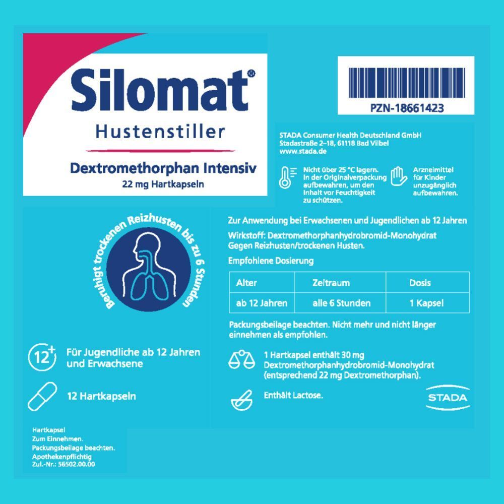 Rückseite der Packung Silomat Hustenstiller Dextromethorphan Intensiv mit PZN und Anwendung.