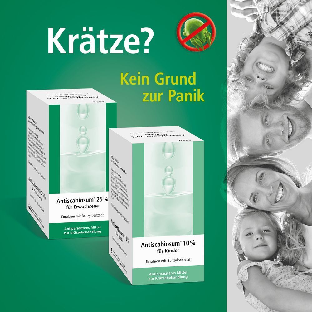 Antiscabiosum® 25 % für Erwachsene und 10 % für Kinder, mit Familie.